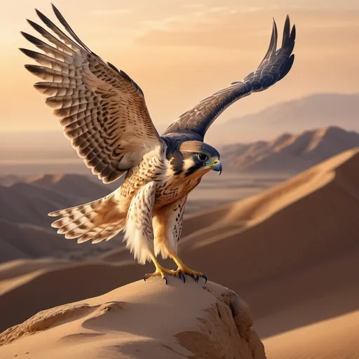 Prompt: (Arabian falcon), majestic bird, outstretched wings, perched atop a rocky cliff, desert landscape, warm sunset hues, warm amber and soft golden glows in the sky, intricate feather details, high quality, ultra-detailed, dramatic feeling, sharp focus, expansive view of sand dunes and distant mountains, showcasing a vibrant contrast against the sky's colors. sharp beak and claws