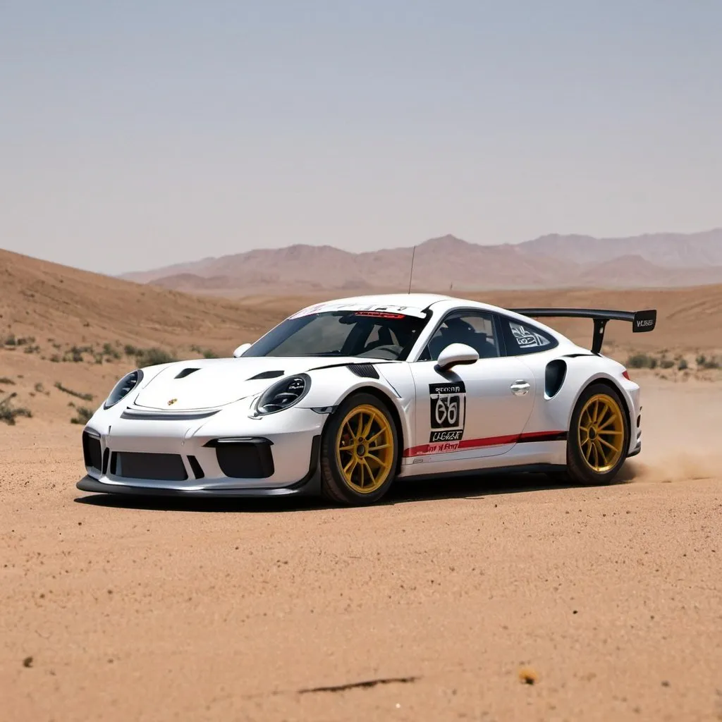 Prompt: Porsche 911 gt3 in a desert racing 