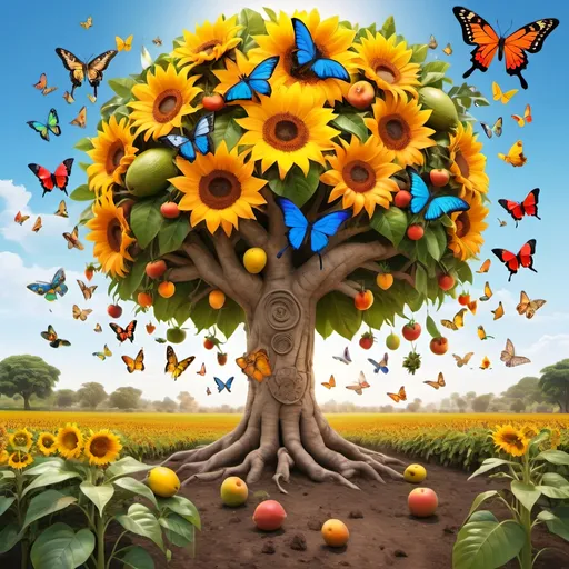 Prompt: Realistic depiction of a vibrant tree of life with assorted fruits such as mango, mandarin, avocado, papaya, zapote, mamey, guayaba, lemon, orange, surrounded by colorful butterflies, birds including hummingbirds, parrots, toucans, bees, bluebirds, redbirds, and other tropical birds, set in a sunflower field on a sunny day, high quality, realistic style, vibrant colors, natural lighting, detailed fruits and flora, lively atmosphere un a sunflower field and a happy kid touching the robots 