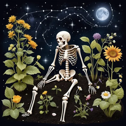 Prompt: Gardening and beneath the surface is the constellations, pretty skeleton on the ground gardening  