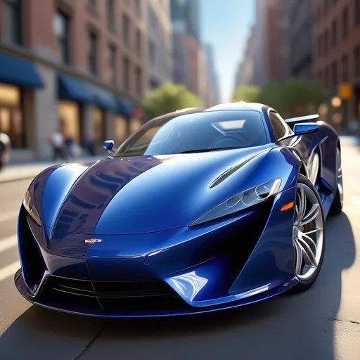 Prompt: Stunning sports car, deep sapphire blue hue, glossy finish reflecting sunlight, sleek aerodynamic design, showcasing intricate curves and contours, set against a blurred urban backdrop, evoking speed and luxury, dynamic composition, high contrast, photorealistic, ultra-detailed rendering, capturing every shine and detail with precision.