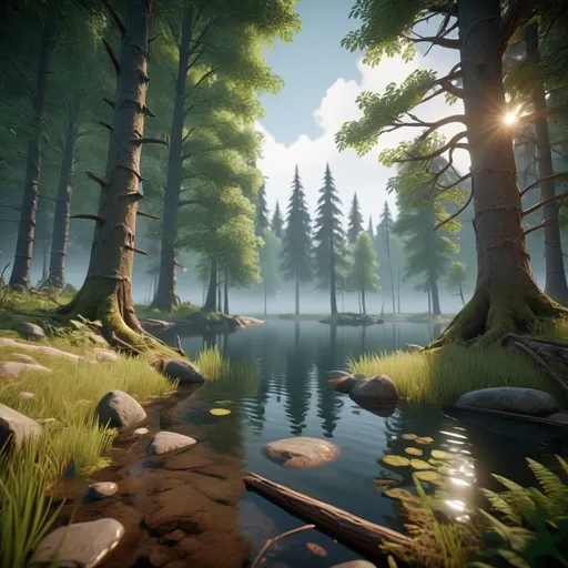 Prompt: a mysterious forest next to a lake, high quality, unreal engine