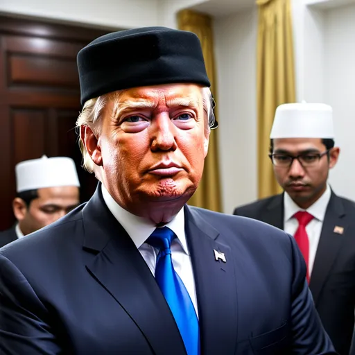 Prompt: generate photo of donald trump but muslim and he wears a black muslim cap like they wear  in indonesia