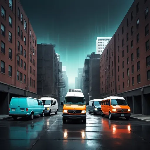 Prompt: Create an image of a small urban gated parking lot that has about 10 class b camper vans, that vans are Mercedes, vw, dodge, ford and have solid paint colors, overlay the image with the word Rendezvous in a blade runner style 