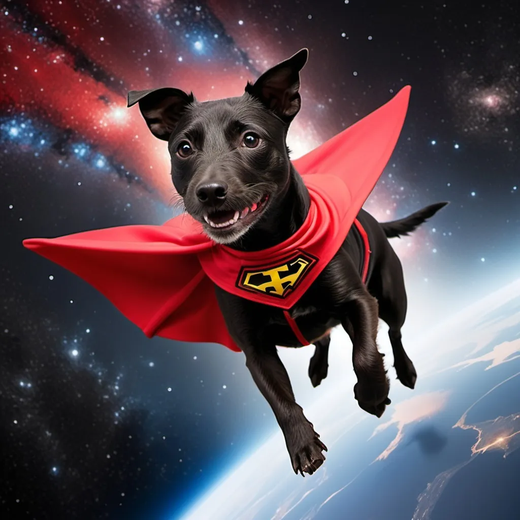 Prompt: Patterdale terrier, black, short tail, with a superhero cape in red with SD on the back, flying through space 