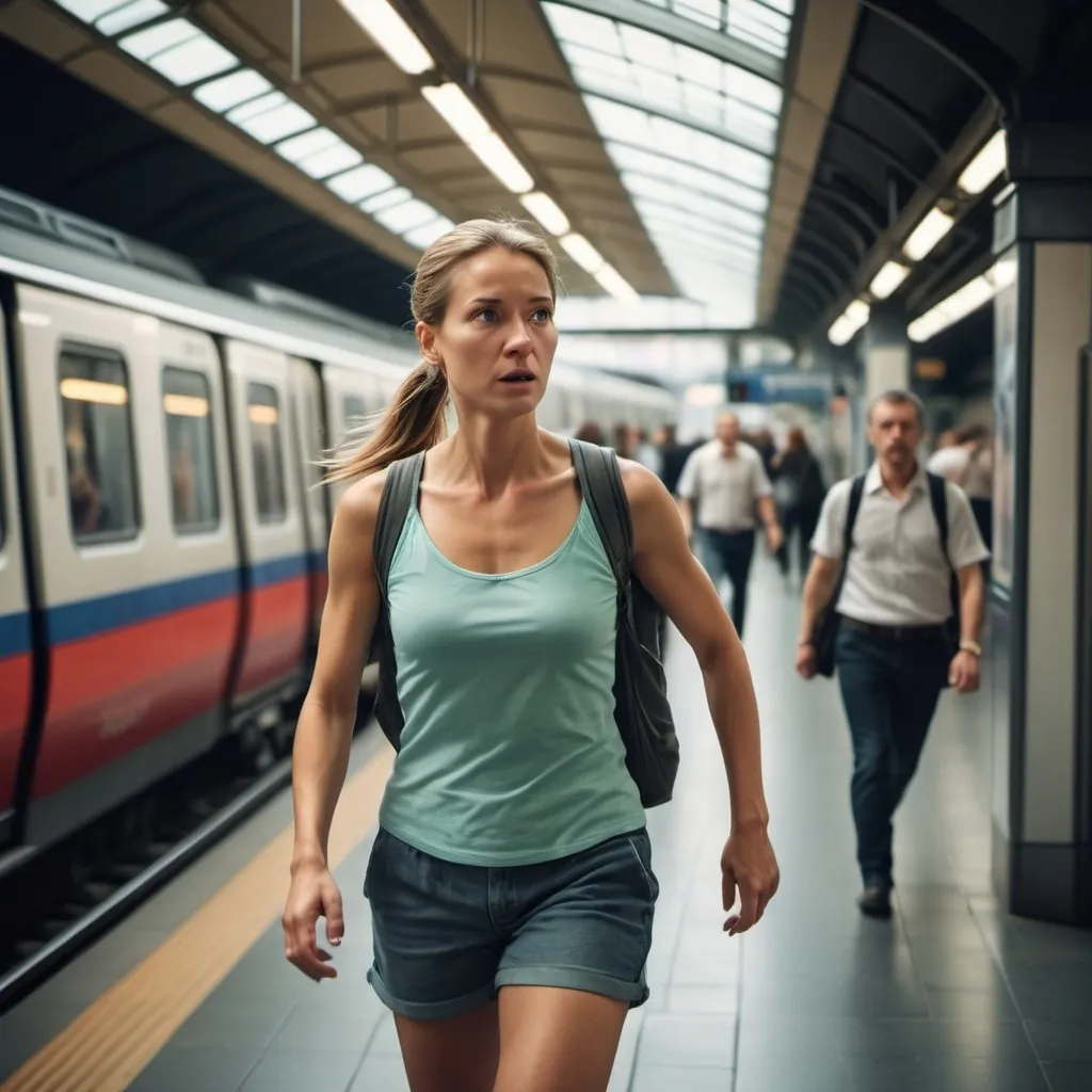 Prompt: create a pic with a woman abour 30 dressed in summer clothes, she has a ponny tail chasing outside  the metro wagon in a station in Prague in order to get something lost in the wagon

