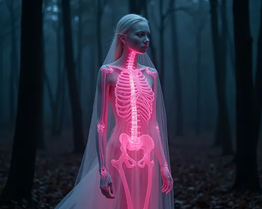 Prompt: full body shot of an albino woman with transparent skin, glowing pink neon skeleton visible through the translucent dress in dark woods at night by James Jean and Hajime Sorayama, soft misty light --ar 4:5 --v 6. 0