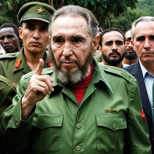 Prompt: Genérame una imagen de Fidel Castro vestido de verde olivo pero con un cartel que diga en destrucción