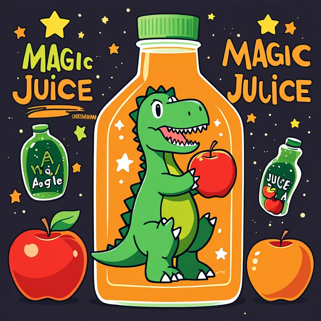 Prompt: The bottle's appearance consists of an attractive logo with 'Magic Juice' written in yellow, with a star instead of a dot above the letter A in the word 'Magic'. The word 'Juice' is written in dark orange and at the bottom or middle of the bottle, a cute drawing of a green T-Rex dinosaur. "He holds an apple in his hands"
A girl with long black hair and closed eyes enjoys drinking from this bottle medium clos up shot , Anmi  manga version