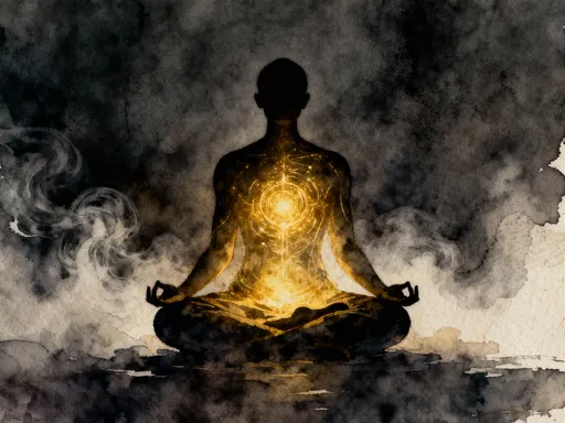 Prompt: Watercolor painting style, silhouette of a meditating person, glowing golden energy inside the body, dark moody background with swirling mist, centered composition, textured paper, spiritual atmosphere, soft lighting, high detail, 8k resolution.
