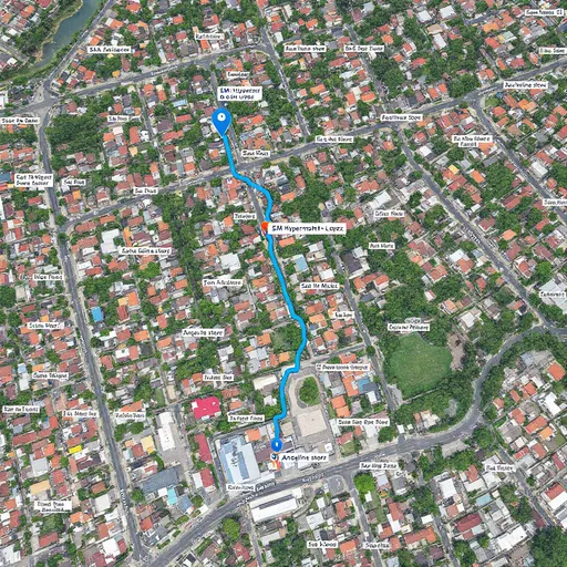 Prompt: A detailed map showcases a network of streets in a residential area, highlighting the route from a location identified as "SM Hypermarket" in Sucat-Lopez to a point labeled "Angeline store." The route, marked in blue, indicates a travel time of approximately 8 minutes. Surrounding streets are filled with various named residential areas, such as San Miguel and Sta Isabel, suggesting a densely populated neighborhood. Notable features include the proximity to other landmarks and a compact layout of houses and businesses, capturing the essence of a vibrant community setting. The composition presents a bird's-eye view, offering clear navigational insights within the mapped area.