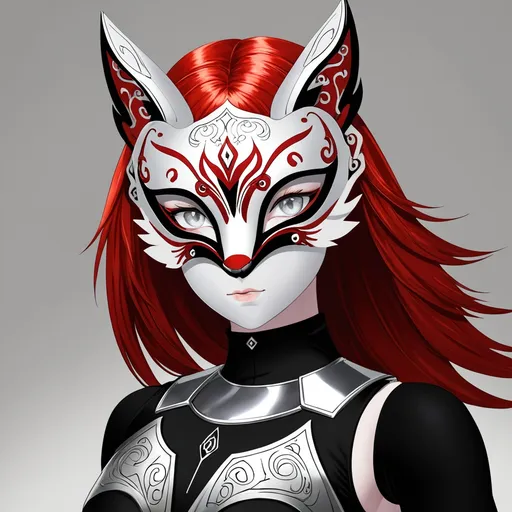 Prompt: Vibrant character portrait, (confident pose), she has (striking red hair) and (piercing grey eyes), standing tall (6'4"), with an (athletic build), dressed in a (sleek black mock neck sleeveless unitard with pockets), layered underneath an (intricate white tungsten breastplate and bracers with silver accents). She wears a (mysterious Kitsune Mask), Utility Belt, Thigh Holster, and (sturdy combat boots), rendered in (ultra-detailed) style. Background is (dynamic and intriguing).