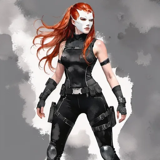 Prompt: (central character) tall woman with (red hair) and (grey eyes), (6'4", 198 lbs), (athletic build), wearing a (black mock neck sleeveless unitard) with pockets, (arm sleeves) underneath a (white tungsten chestplate and bracers) with (silver accents), (Kitsune Mask), (Utility Belt), (Thigh Holster), (combat boots), set against a dramatic background with intense lighting, showcasing strength and confidence, (ultra-detailed), (adventurous).