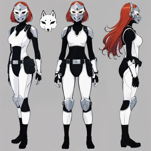 Prompt: (central character) tall woman with (red hair) and (grey eyes), (6'4", 198 lbs), (athletic build), wearing a (black mock neck sleeveless unitard) with pockets, (arm sleeves) underneath a (white tungsten breastplate) with (silver accents), (Kitsune Mask), (Utility Belt), (Thigh Holster), (combat boots), set against a dramatic background with intense lighting, showcasing strength and confidence, (ultra-detailed), (adventurous).