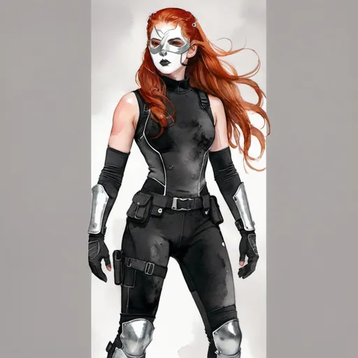 Prompt: Light olive-skinned woman with red hair and grey eyes while standing at 6 foot four tall and 198 lbs with an athletic build, wearing a black mock neck sleeveless unitard with pockets and arm sleeves worn under the white tungsten breastplate and bracers with silver accents, plus a Kitsune Mask, Utility Belt, Thigh Holster, combat boots