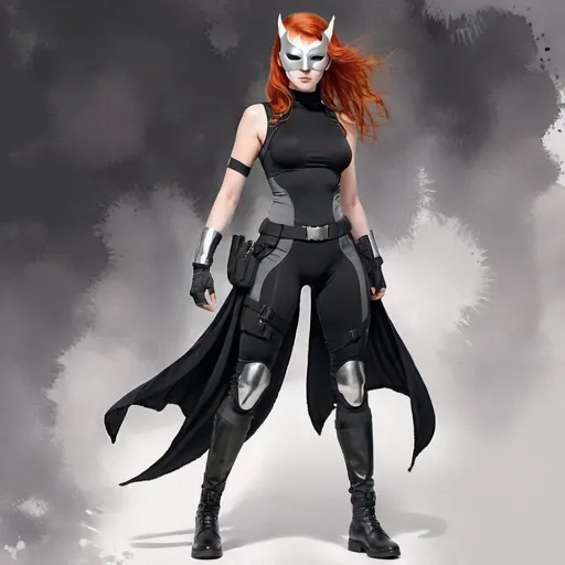 Prompt: (central character) tall woman with (red hair) and (grey eyes), (6'4", 198 lbs), (athletic build), wearing a (black mock neck sleeveless unitard) with pockets, (arm sleeves) underneath a (white tungsten chestplate and bracers) with (silver accents), (Kitsune Mask), (Utility Belt), (Thigh Holster), (combat boots), set against a dramatic background with intense lighting, showcasing strength and confidence, (ultra-detailed), (adventurous).