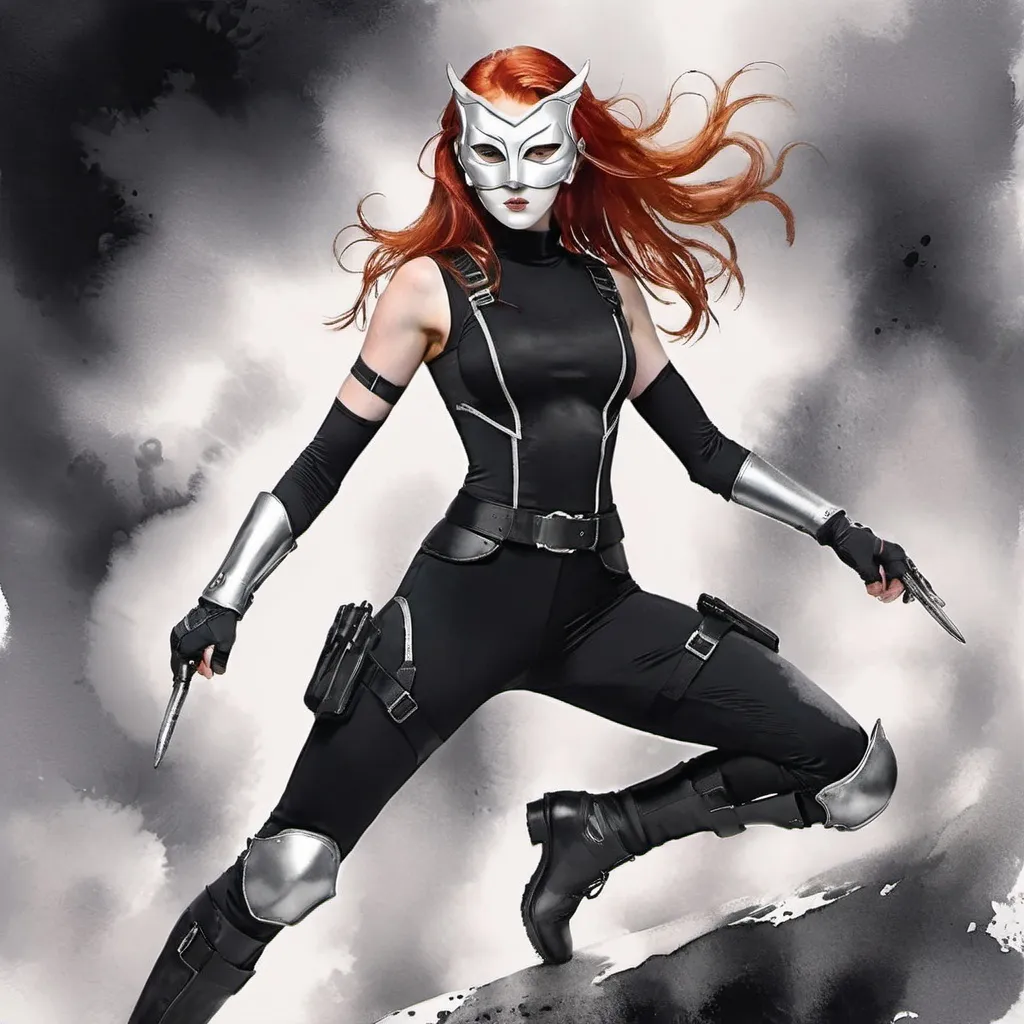 Prompt: (central character) tall woman with (red hair) and (grey eyes), (6'4", 198 lbs), (athletic build), wearing a (black mock neck sleeveless unitard) with pockets, (arm sleeves) underneath a (white tungsten breastplate) with (silver accents), (Kitsune Mask), (Utility Belt), (Thigh Holster), (combat boots), set against a dramatic background with intense lighting, showcasing strength and confidence, (ultra-detailed), (adventurous).