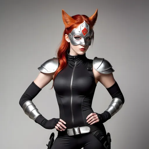 Prompt: An olive-skinned woman with Gorgeous features. She has red hair and grey eyes while standing at 6 foot four tall and 198 lbs with an athletic build, wearing a black mock neck sleeveless unitard with pockets and arm sleeves worn under the white tungsten breastplate and bracers with silver accents, including Kitsune Mask, Utility Belt, Thigh Holster, and combat boots.