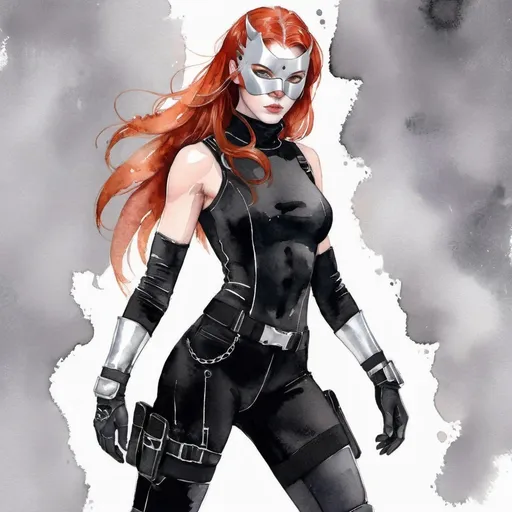 Prompt: (central character) tall woman with (red hair) and (grey eyes), (6'4", 198 lbs), (athletic build), wearing a (black mock neck sleeveless unitard) with pockets, (arm sleeves) underneath a (white tungsten chestplate and bracers) with (silver accents), (Kitsune Mask), (Utility Belt), (Thigh Holster), (combat boots), set against a dramatic background with intense lighting, showcasing strength and confidence, (ultra-detailed), (adventurous).