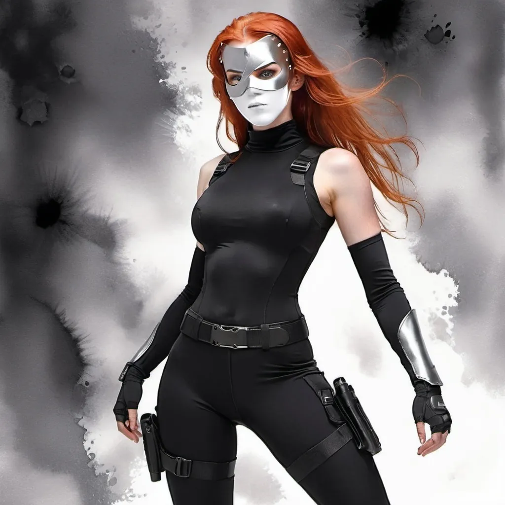 Prompt: (central character) tall woman with (red hair) and (grey eyes), (6'4", 198 lbs), (athletic build), wearing a (black mock neck sleeveless unitard) with pockets, (arm sleeves) underneath a (white tungsten breastplate) with (silver accents), (Kitsune Mask), (Utility Belt), (Thigh Holster), (combat boots), set against a dramatic background with intense lighting, showcasing strength and confidence, (ultra-detailed), (adventurous).