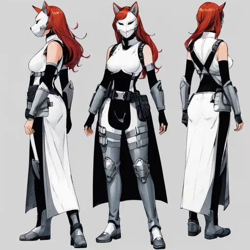 Prompt: (central character) tall woman with (red hair) and (grey eyes), (6'4", 198 lbs), (athletic build), wearing a (black mock neck sleeveless unitard) with pockets, (arm sleeves) underneath a (white tungsten breastplate) with (silver accents), (Kitsune Mask), (Utility Belt), (Thigh Holster), (combat boots), set against a dramatic background with intense lighting, showcasing strength and confidence, (ultra-detailed), (adventurous).