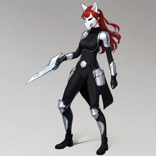 Prompt: (central character) tall woman with (red hair) and (grey eyes), (6'4", 198 lbs), (athletic build), wearing a (black mock neck sleeveless unitard) with pockets, (arm sleeves) underneath a (white tungsten breastplate) with (silver accents), (Kitsune Mask), (Utility Belt), (Thigh Holster), (combat boots), set against a dramatic background with intense lighting, showcasing strength and confidence, (ultra-detailed), (adventurous).