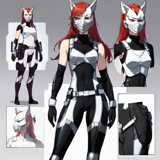 Prompt: (central character) tall woman with (red hair) and (grey eyes), (6'4", 198 lbs), (athletic build), wearing a (black mock neck sleeveless unitard) with pockets, (arm sleeves) underneath a (white tungsten breastplate) with (silver accents), (Kitsune Mask), (Utility Belt), (Thigh Holster), (combat boots), set against a dramatic background with intense lighting, showcasing strength and confidence, (ultra-detailed), (adventurous).