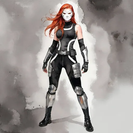 Prompt: Light olive-skinned woman with red hair and grey eyes while standing at 6 foot four tall and 198 lbs with an athletic build, wearing a black mock neck sleeveless unitard with pockets and arm sleeves worn under the white tungsten breastplate and bracers with silver accents, plus a Kitsune Mask, Utility Belt, Thigh Holster, combat boots