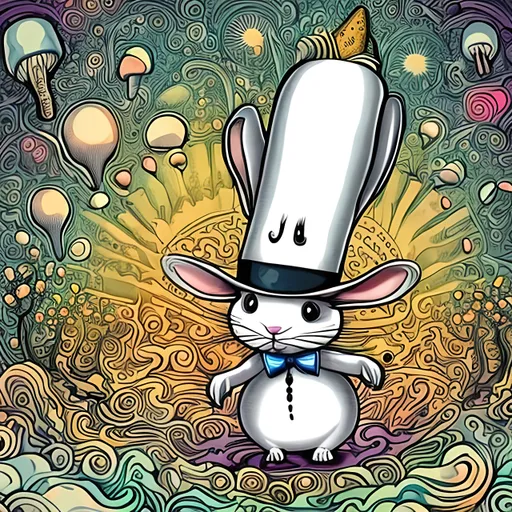 Prompt: white rabbit wearing magic top hat bouncing on magic mushroom, psychedelic art style