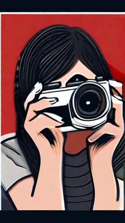 Prompt: Draw this picture: a person is holding a camera and holding it in front of his face. This person is a woman with long bangs, smiling and wearing red lipstick. The woman's eyes are hidden behind the camera and it seems that she is taking a picture of her face