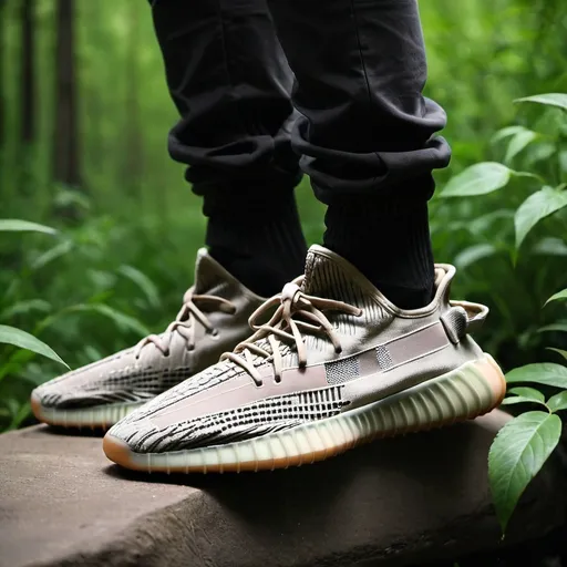 Prompt: Yeezy shoes profesional images in nature 