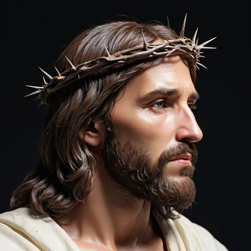 Prompt: detailed side portrait of jesus with crown of thorns in studio light blank background


