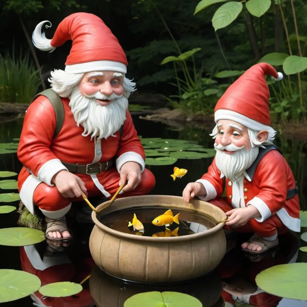 Prompt: based on the kabouter by Rien a sprite sits on a leaf in a pond surrounded by a forres feeding a fish 