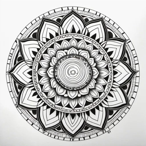 Prompt: A zentangle style mandala black and white coloring page with solid lines