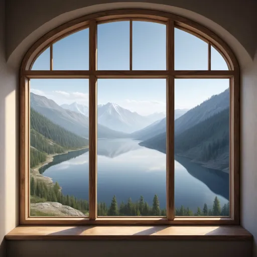 Prompt: Realistic depiction of the tall window overlooking Baghus Lake, high-altitude artistic curve, serene atmosphere, detailed landscape, high quality, realism, serene, tranquil, detailed, lake view, mountain range, window frame, natural lighting, realistic style, peaceful, scenic, outdoor, artistic curve, high altitude, detailed water reflection