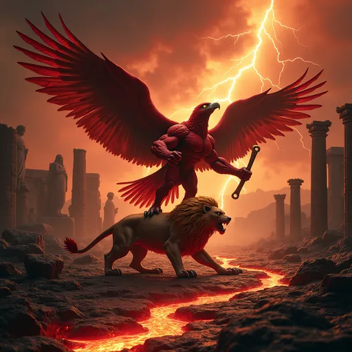 Prompt: Epic ancient Greek volcanic landscape, rivers of glowing red and orange lava flowing through cracked black earth, ruins of marble temples and broken columns scattered among volcanic rocks. In the center, a majestic eagle with the muscular red body of the Hulk, vibrant red feathers, golden glowing eyes, holding Zeus's thunderbolt in one hand, performing a victorious Kung Fu pose over a defeated giant lion with a golden mane. Dramatic lighting from the lava and thunderbolt, dark red sky with storm clouds and golden lightning, pillars of smoke rising, sparks and debris flying, statues of Greek gods in the background, ultra-detailed, 4K resolution, cinematic, epic atmosphere