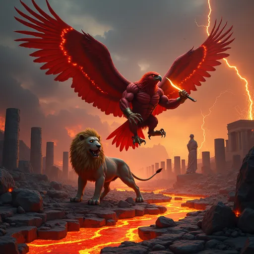 Prompt: Epic ancient Greek volcanic landscape, rivers of glowing red and orange lava flowing through cracked black earth, ruins of marble temples and broken columns scattered among volcanic rocks. In the center, a majestic eagle with the muscular red body of the Hulk, vibrant red feathers, golden glowing eyes, holding Zeus's thunderbolt in one hand, performing a victorious Kung Fu pose over a defeated giant lion with a golden mane. Dramatic lighting from the lava and thunderbolt, dark red sky with storm clouds and golden lightning, pillars of smoke rising, sparks and debris flying, statues of Greek gods in the background, ultra-detailed, 4K resolution, cinematic, epic atmosphere