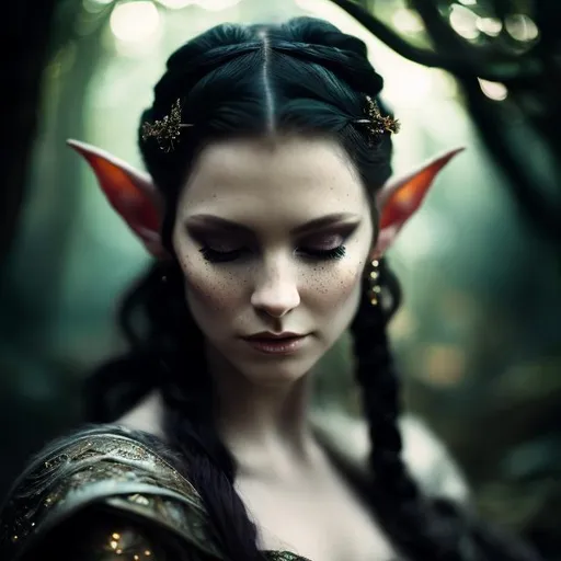 Prompt: elf portrait,enchanting beauty,fantasy, dark glow,pointed ears,delicate facial features,long elegant dark hair,dark-themed attire,mystical ambiance,soft lighting, proud expression,harmonious with underground nature,subtle magical elements,calmness,intricate jewelry,dreamlike quality,
