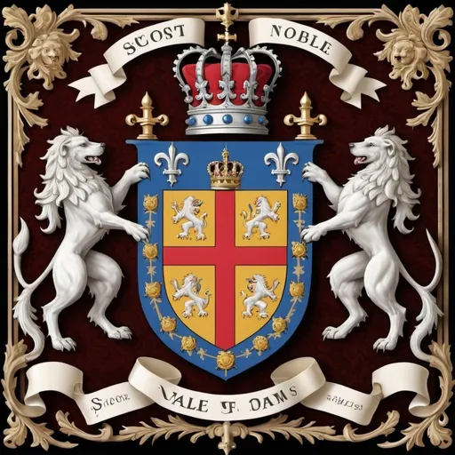 Prompt: A baronial coat of arms with noble symbols and crests