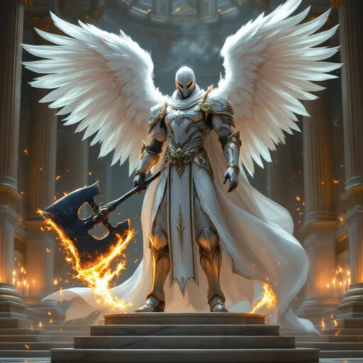 Prompt: masterpiece, best quality, angelic executioner, ornate white armor, flaming black axe, white wings, standing on a marble pedestal in a grand cathedral, facing the viewer, epic lighting, divine atmosphere, cinematic composition
