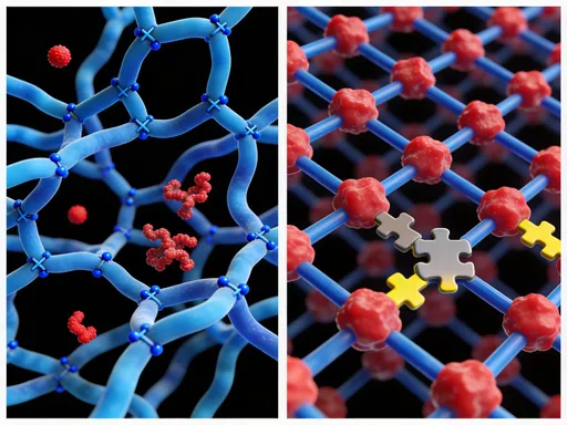 Prompt: scientific 3D visualization comparing two polymer network architectures.
LEFT: chain-growth polymer network.
heterogeneous and disordered polymer network topology.
blue polymer strands forming an irregular network.
many polymer-polymer junctions visible along the chains.
include some regions where only polymer chains connect with other polymer chains.
only a few isolated red BSA protein nodes distributed in the network.
no clustering of proteins.
polymer-polymer crosslinks shown as small blue nodes.
RIGHT: step-growth click polymer network.
more ordered and regular network topology.
red BSA protein nodes connected by blue polymer chains.
connections between protein and polymer shown as puzzle-like click interfaces.
protein side puzzle connector colored grey.
polymer side puzzle connector colored yellow.
puzzle pieces must physically interlock and fit together like real puzzle connectors.
no polymer-polymer crosslinks in this network.
scientific materials visualization style, nanoscale polymer network, smooth polymer strands, realistic thickness, soft volumetric lighting, black background, high resolution, materials science graphical abstract style.