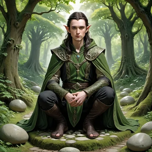 Prompt: In a lush, verdant forest, a serene young elven figure (Lewis Pullman) sits cross-legged on a pathway made of smooth stones, enveloped by towering trees adorned with rich green foliage. The elf, with long black hair, goatee beard and pointed ears, wears intricately detailed clothing, featuring a green cloak and a belt with ornate designs, and projects a calm yet confident demeanor. Flanking him are two attentive foxes, one of which gazes directly at him, while the other stands slightly in the background, enhancing the sense of harmony between the elf and the woodland creatures. Sunlight filters through the tree canopy, creating a dappled light effect on the ground, and the overall atmosphere conveys a feeling of peace and connection with nature, suggesting a narrative of guardianship and symbiosis in this magical realm.