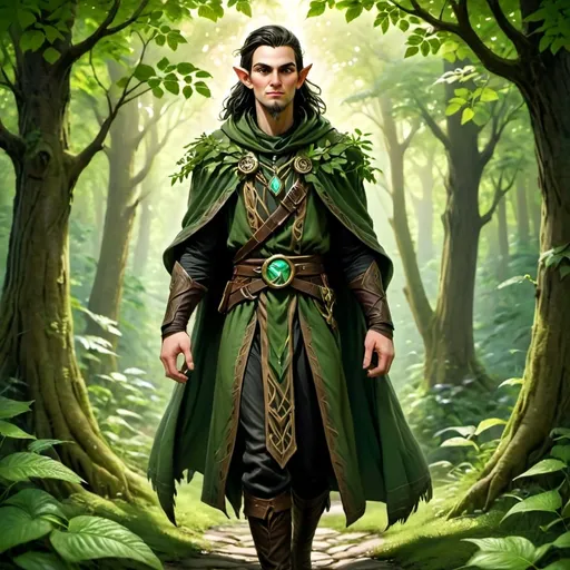 Prompt: Dans une forêt luxuriante et verdoyante, un druide serein marche tranquillement sur un chemin de pierres lisses, bordé d'arbres imposants au feuillage vert intense. Le demi-elfe, aux longs cheveux noirs, à la barbiche bien taillée et aux oreilles légèrement pointues, porte une tenue de cuir aux détails complexes, composée d'une cape verte et d'une ceinture ornée de motifs, et dégage une attitude calme et confiante. La lumière du soleil filtre à travers la canopée, créant un effet de lumière tachetée au sol, et l'atmosphère générale transmet un sentiment de paix et de connexion avec la nature, suggérant une histoire de protection et de symbiose dans ce royaume magique.