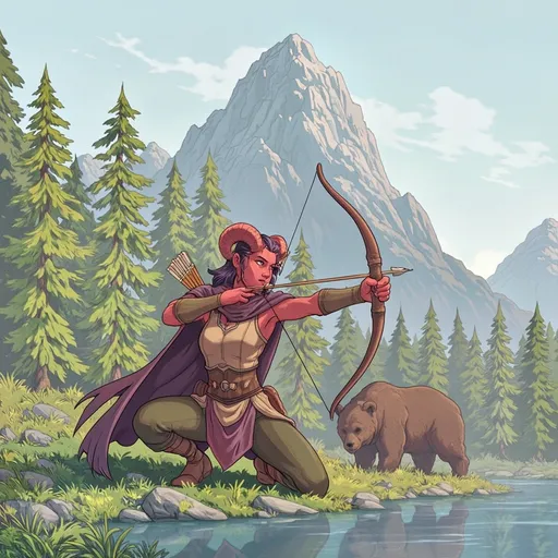 Prompt: Crouching at the water's edge, a striking woman character with vibrant red skin, purple hair, and intricate red ram-like horns focuses intently on her archery, poised to release an arrow towards an unseen target. Adorned in a coordinating outfit of green and beige, complete with a flowing cape, she embodies determination and skill in this lush, natural setting. Behind her, a majestic bear ambles near the bank, its thick brown fur contrasting against the serene backdrop of tall evergreens and misty mountains that rise into a soft blue sky. The tranquil water reflects the surrounding greenery and captures ripples from the archer’s breath, enhancing the sense of suspense and harmony in this vibrant, animated world. The scene conveys a blend of adventure and nature, inviting viewers into an enchanting narrative of survival and artistry.