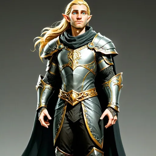 Prompt: Un homme à moitié elfe se dresse fièrement sur un fond noir éclatant, parée d'une armure argenté aux accents métalliques et dorés. Sa tenue se compose d'une cape distinctive drapant élégamment une épaule, tandis que des détails complexes, comme une cotte de mailles et un blason composés de trois croissant de lune sur son armure, soulignent sa stature de noble guerrier. Avec ses yeux bleus saisissants, ses cheveux blonds bien coiffés et de longs et épais favoris encadrant son visage, il tend une main vers l'avant, suggérant un appel à l'action ou une invitation. La composition globale allie une palette de couleurs vives à un style à la fois ludique et héroïque, typique du design de personnages animés.