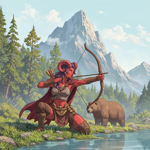 Prompt: Crouching at the water's edge, a striking woman character with vibrant red skin, purple hair, and intricate red ram-like horns focuses intently on her archery, poised to release an arrow towards an unseen target. Dressed only in a flowing cape, she is bare-chested and embodies determination and skill in this lush natural setting. Behind her, a majestic bear ambles near the bank, its thick brown fur contrasting against the serene backdrop of tall evergreens and misty mountains that rise into a soft blue sky. The tranquil water reflects the surrounding greenery and captures ripples from the archer’s breath, enhancing the sense of suspense and harmony in this vibrant, animated world. The scene conveys a blend of adventure and nature, inviting viewers into an enchanting narrative of survival and artistry.
