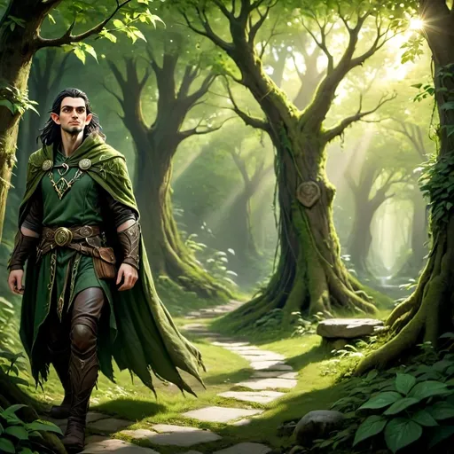 Prompt: Dans une forêt luxuriante et verdoyante, un druide serein marche tranquillement sur un chemin de pierres lisses, bordé d'arbres imposants au feuillage vert intense. Le demi-elfe, aux longs cheveux noirs, à la barbiche bien taillée et aux oreilles légèrement pointues, porte une tenue de cuir aux détails complexes, composée d'une cape verte et d'une ceinture ornée de motifs, et dégage une attitude calme et confiante. La lumière du soleil filtre à travers la canopée, créant un effet de lumière tachetée au sol, et l'atmosphère générale transmet un sentiment de paix et de connexion avec la nature, suggérant une histoire de protection et de symbiose dans ce royaume magique.