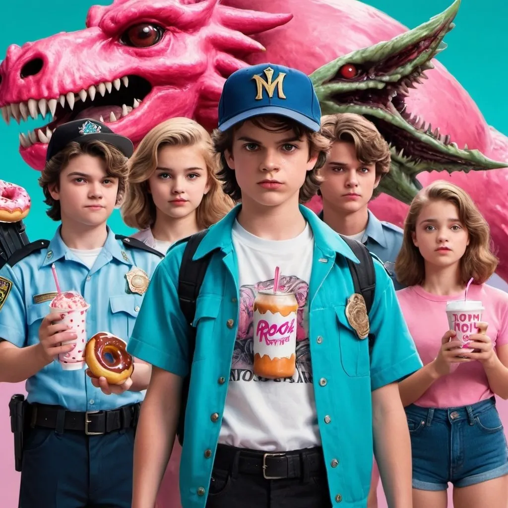 Prompt: Boy with cap,skater boy holding soda,cop  holding gun,Steve Harrington, and monster behind girl holding donut and demogorgon