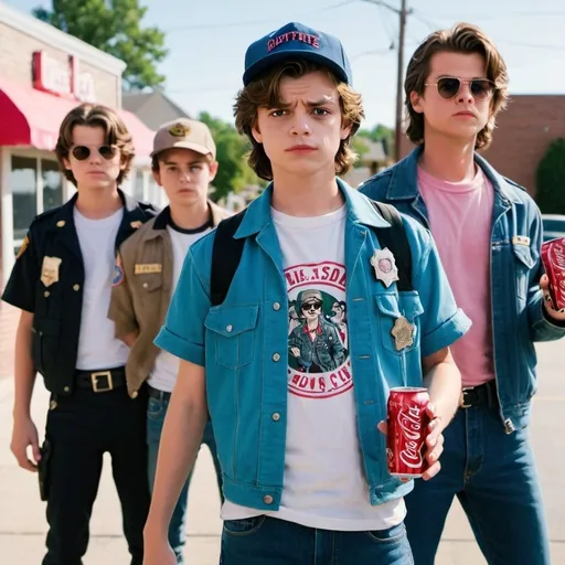 Prompt: Boy with cap,skater boy holding soda,cop  holding gun,Steve Harrington, and monster behind