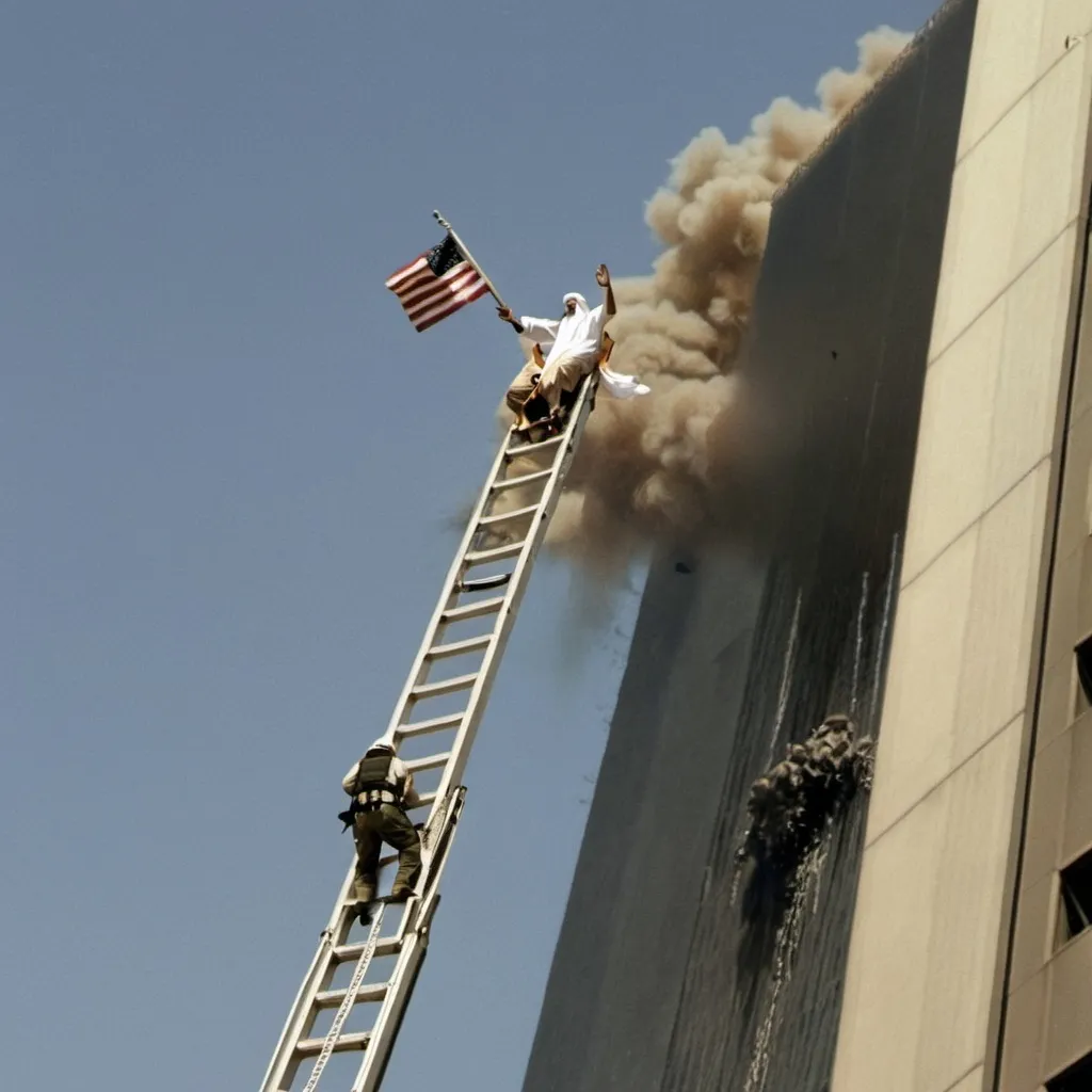 Prompt: Bin laden on a ladder whilst the second plane hits the world trade centre 